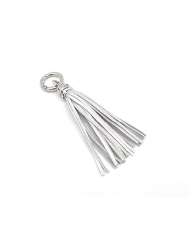 KIT bijoux de sac porte clé pompon simili cuir frange 10cm de couleur gris argenté et métal argenté