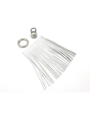 KIT bijoux de sac porte clé pompon simili cuir frange 10cm de couleur gris argenté et métal argenté