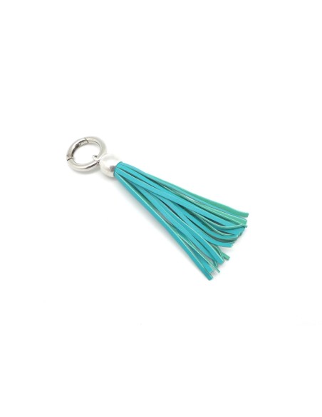 KIT bijoux de sac porte clé pompon simili cuir frange 10cm bleu vert turquoise et métal argenté