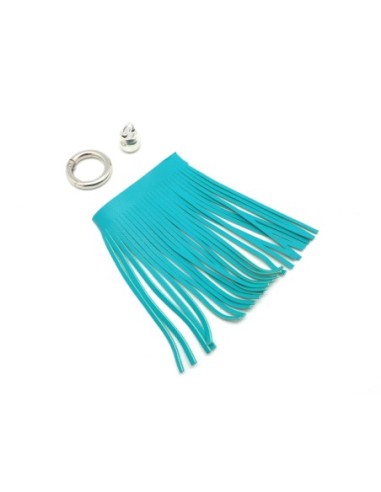 KIT bijoux de sac porte clé pompon simili cuir frange 10cm bleu vert turquoise et métal argenté