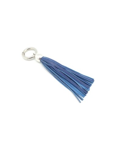 KIT bijoux de sac porte clé pompon simili cuir frange 10cm bleu foncé et métal argenté