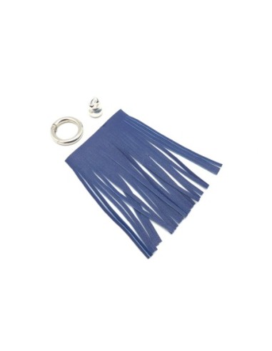 KIT bijoux de sac porte clé pompon simili cuir frange 10cm bleu foncé et métal argenté