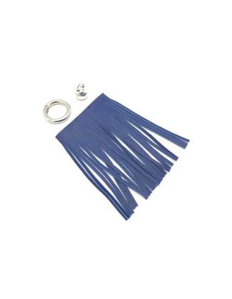 KIT bijoux de sac porte clé pompon simili cuir frange 10cm bleu foncé et métal argenté