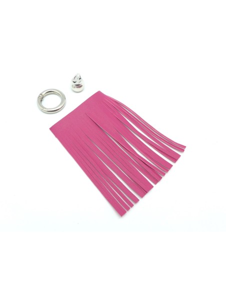 KIT bijoux de sac porte clé pompon simili cuir frange 10cm noir et métal argenté