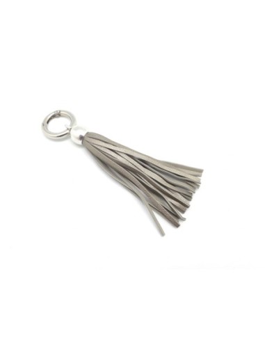 KIT bijoux de sac porte clé pompon simili cuir frange 10cm sable métallisé et métal argenté