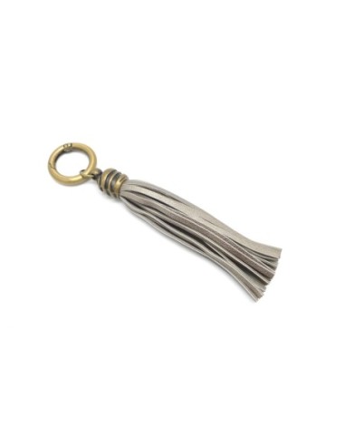 KIT bijoux de sac porte clé pompon simili cuir frange 10cm sable métallisé et métal couleur bronze
