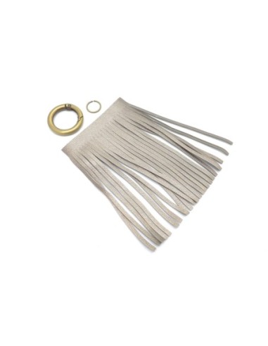 KIT bijoux de sac porte clé pompon simili cuir frange 10cm sable métallisé et métal couleur bronze