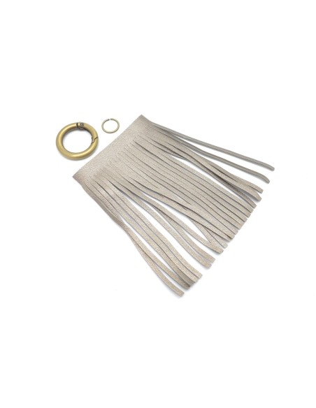 KIT bijoux de sac porte clé pompon simili cuir frange 10cm sable métallisé et métal couleur bronze