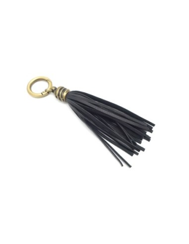 KIT bijoux de sac porte clé pompon simili cuir frange 10cm noir et métal couleur bronze