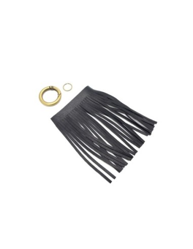 KIT bijoux de sac porte clé pompon simili cuir frange 10cm noir et métal couleur bronze