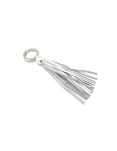 KIT bijoux de sac porte clé pompon simili cuir frange 10cm de couleur gris argenté et métal argenté