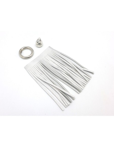 KIT bijoux de sac porte clé pompon simili cuir frange 10cm de couleur gris argenté et métal argenté