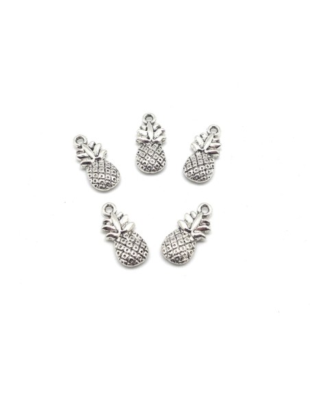 5 Breloques ananas en métal argenté 19mm x 9mm