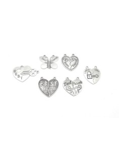 6 pendentifs best friends, love amis, assortis coeur, clé, libellule en métal argenté 30mm x 30mm