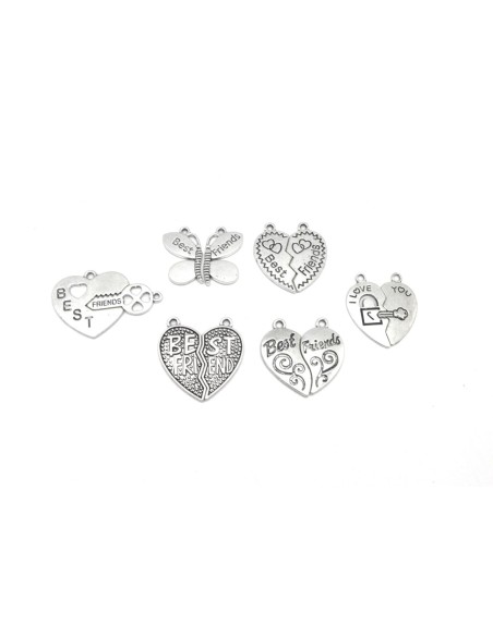 6 pendentifs best friends, love amis, assortis coeur, clé, libellule en métal argenté 30mm x 30mm