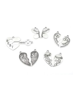 6 pendentifs best friends, love amis, assortis coeur, clé, libellule en métal argenté 30mm x 30mm 2