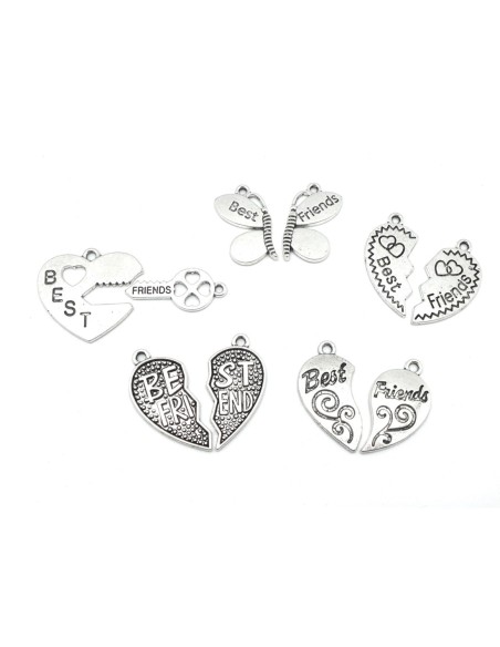 6 pendentifs best friends, love amis, assortis coeur, clé, libellule en métal argenté 30mm x 30mm