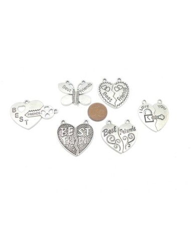 6 pendentifs best friends, love amis, assortis coeur, clé, libellule en métal argenté 30mm x 30mm