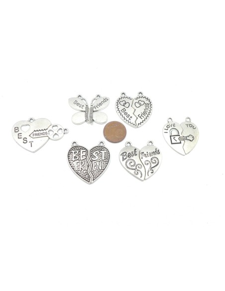 6 pendentifs best friends, love amis, assortis coeur, clé, libellule en métal argenté 30mm x 30mm