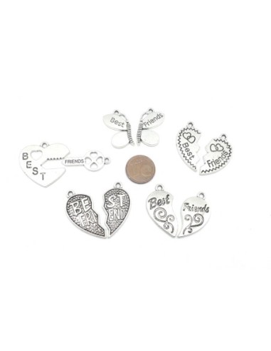 6 pendentifs best friends, love amis, assortis coeur, clé, libellule en métal argenté 30mm x 30mm