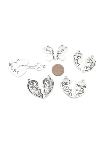 6 pendentifs best friends, love amis, assortis coeur, clé, libellule en métal argenté 30mm x 30mm