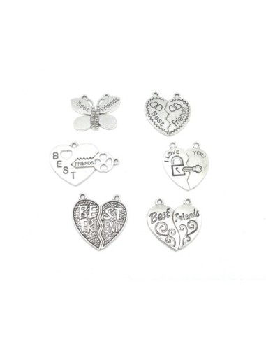 6 pendentifs best friends, love amis, assortis coeur, clé, libellule en métal argenté 30mm x 30mm