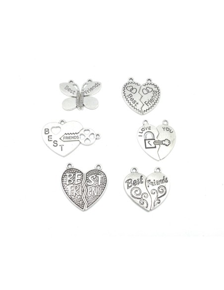 6 pendentifs best friends, love amis, assortis coeur, clé, libellule en métal argenté 30mm x 30mm