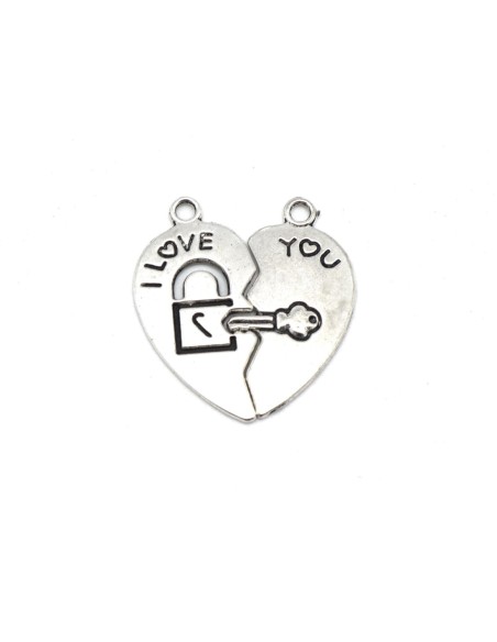 4 pendentifs coeur brisé love I Love you je t'aime en métal argenté 30mm x 27mm