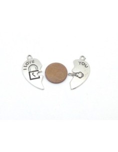 4 pendentifs coeur brisé love I Love you je t'aime en métal argenté 30mm x 27mm 2