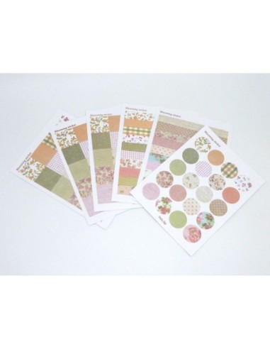 6 planches d'étiquettes adhésives, stickers vintage embellissement scrapbooking motif fleurs, carreaux, pois, rose
