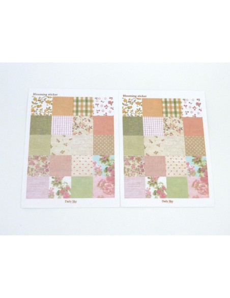 6 planches d'étiquettes adhésives, stickers vintage embellissement scrapbooking motif fleurs, carreaux, pois, rose