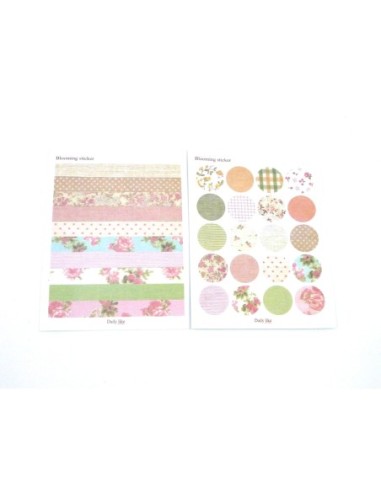 6 planches d'étiquettes adhésives, stickers vintage embellissement scrapbooking motif fleurs, carreaux, pois, rose
