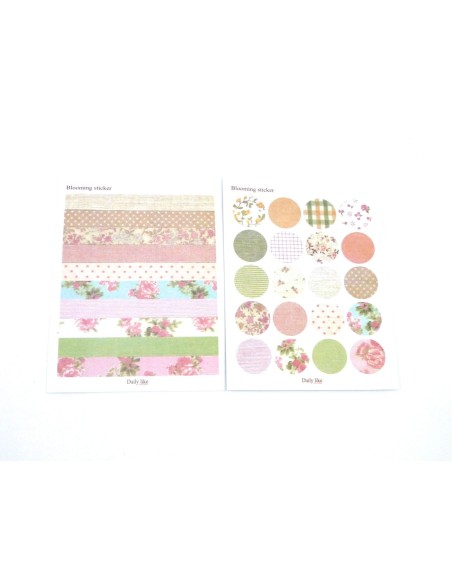 6 planches d'étiquettes adhésives, stickers vintage embellissement scrapbooking motif fleurs, carreaux, pois, rose