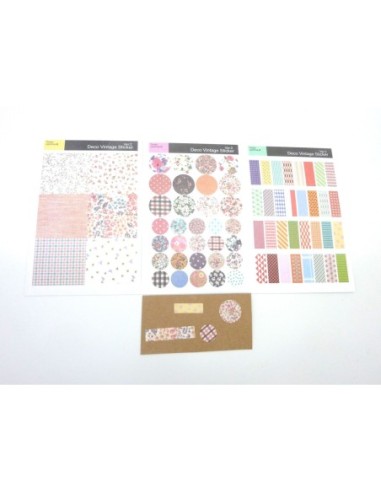 3 planches d'étiquettes adhésives, stickers embellissement scrapbooking motif fleurs, carreaux, rayures, pois....