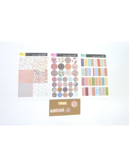 3 planches d'étiquettes adhésives, stickers embellissement scrapbooking motif fleurs, carreaux, rayures, pois....