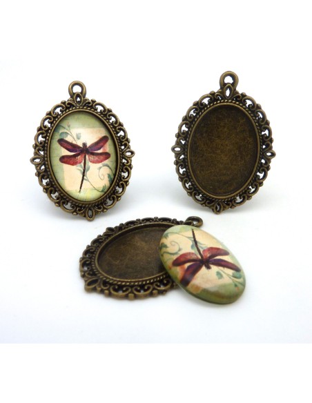 Support cabochon pendentif ovale en métal filigrane de couleur bronze + cabochon ovale en verre 25 X 18mm motif libellule