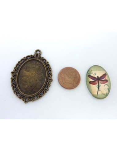 Support cabochon pendentif ovale en métal filigrane de couleur bronze + cabochon ovale en verre 25 X 18mm motif libellule