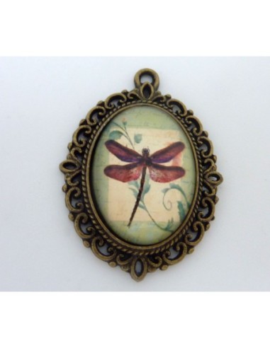 Support cabochon pendentif ovale en métal filigrane de couleur bronze + cabochon ovale en verre 25 X 18mm motif libellule