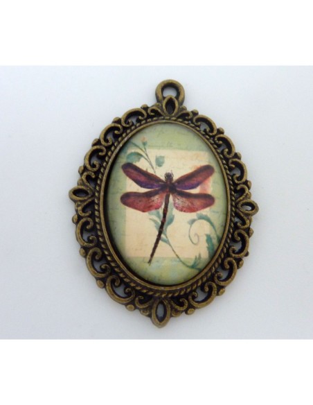 Support cabochon pendentif ovale en métal filigrane de couleur bronze + cabochon ovale en verre 25 X 18mm motif libellule
