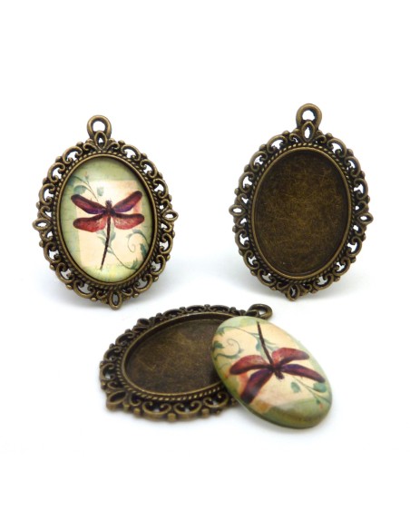 Support cabochon pendentif ovale en métal filigrane de couleur bronze + cabochon ovale en verre 25 X 18mm motif libellule