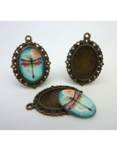 Support cabochon pendentif ovale en métal filigrane de couleur bronze + cabochon ovale en verre 25 X 18mm motif libellule