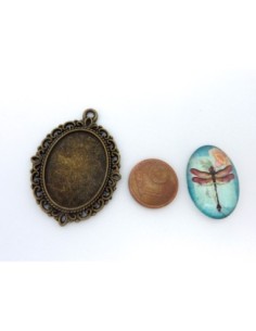 Support cabochon pendentif ovale en métal filigrane de couleur bronze + cabochon ovale en verre 25 X 18mm motif libellule 2