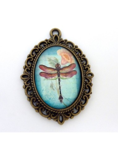 Support cabochon pendentif ovale en métal filigrane de couleur bronze + cabochon ovale en verre 25 X 18mm motif libellule