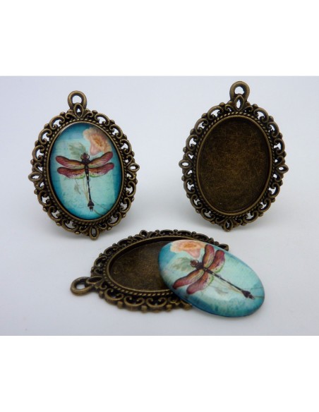 Support cabochon pendentif ovale en métal filigrane de couleur bronze + cabochon ovale en verre 25 X 18mm motif libellule