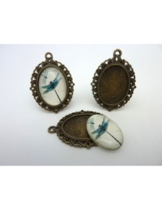 Support cabochon pendentif ovale en métal filigrane de couleur bronze + cabochon ovale en verre 25 X 18mm motif libellule