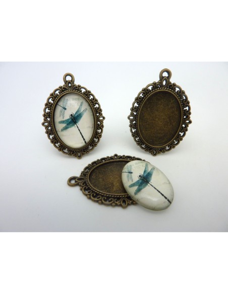 Support cabochon pendentif ovale en métal filigrane de couleur bronze + cabochon ovale en verre 25 X 18mm motif libellule