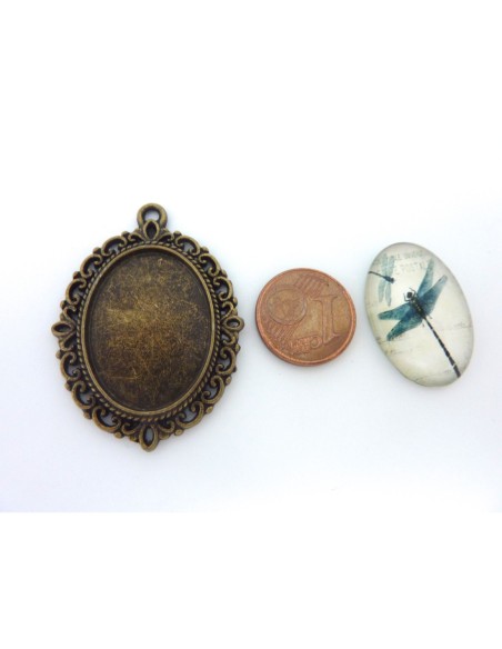 Support cabochon pendentif ovale en métal filigrane de couleur bronze + cabochon ovale en verre 25 X 18mm motif libellule