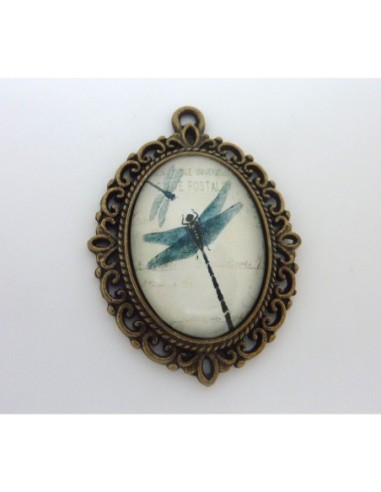 Support cabochon pendentif ovale en métal filigrane de couleur bronze + cabochon ovale en verre 25 X 18mm motif libellule
