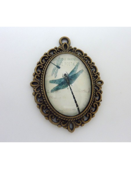 Support cabochon pendentif ovale en métal filigrane de couleur bronze + cabochon ovale en verre 25 X 18mm motif libellule
