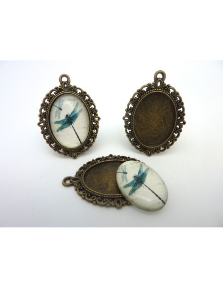 Support cabochon pendentif ovale en métal filigrane de couleur bronze + cabochon ovale en verre 25 X 18mm motif libellule